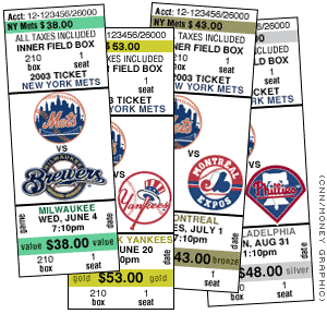 The same seat at Shea this season will cost four different amounts as the Mets follow a trend toward variable pricing. (Tickets are illustration, not actual reproduction.)