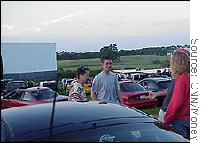 Patrons at Warwick, N.Y., drive-in greet friends before the recent Friday night show.