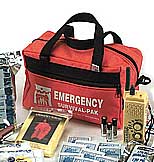Safer America's Emergency 72 hrs. Survival Kit. Includes: emergency food ration, 12 purified water pouches, blanket, emergency poncho, survival whistle, flashlight, first-aid kit, pocket knife, AM/FM radio.