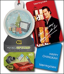 Festive 2003 gift cards from electronics retailer Best Buy and department store chain Bloomingdales.