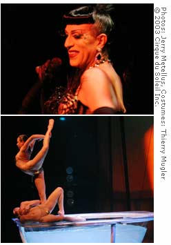 Joey Arias, in the top photo, is the drag queen emcee on Cirque du Soleil's 