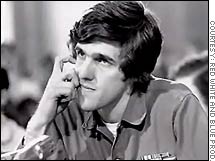 A still from the movie shows a young Kerry testifying before Congress
