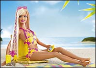 Barbie split from long-time beau, Ken, this year. Cali Barbie now sports a deep tan and a new Australian pal, Blaine.