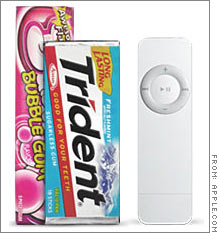 The iPod Shuffle, above, is smaller than most packs of gum, weighing less than an ounce.