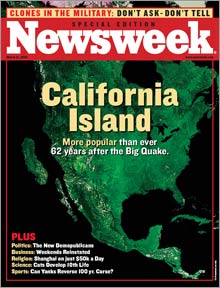 A fake magazine cover used to promote the industry. The date is March 2095. The subject: the island of California, 62 years after an earthquake. 