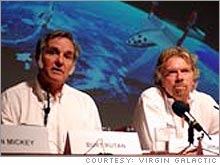 Burt Rutan, left, the designer of the first privately-financed manned spaceship, and Richard Branson, who has licensed Rutan's design and plans to offer space trips to tourists in 2008.