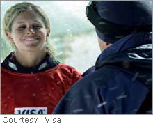 Snowboarder Lindsey Jacobellis, shown here in a pre-Olympic ad for Visa, came in for criticism for the way she lost a gold medal.