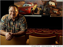 John Lasseter in Pixar's screening room.