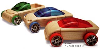 Automoblox's wooden toy cars ($30) are sold in select specialty toys stores or through Herrington catalog.