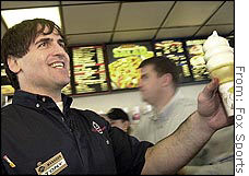 Mark Cuban, running a Dairy Queen for a day after one of his previous headaches for NBA Commissioner David Stern.