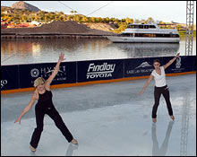 Ice skating in Lake Las Vegas, where temps are in the 70s.