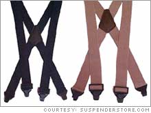 The BuzzNot airport-friendly suspenders with plastic clasps come in three colors, navy, green and tan, and are priced at $19.95 each.